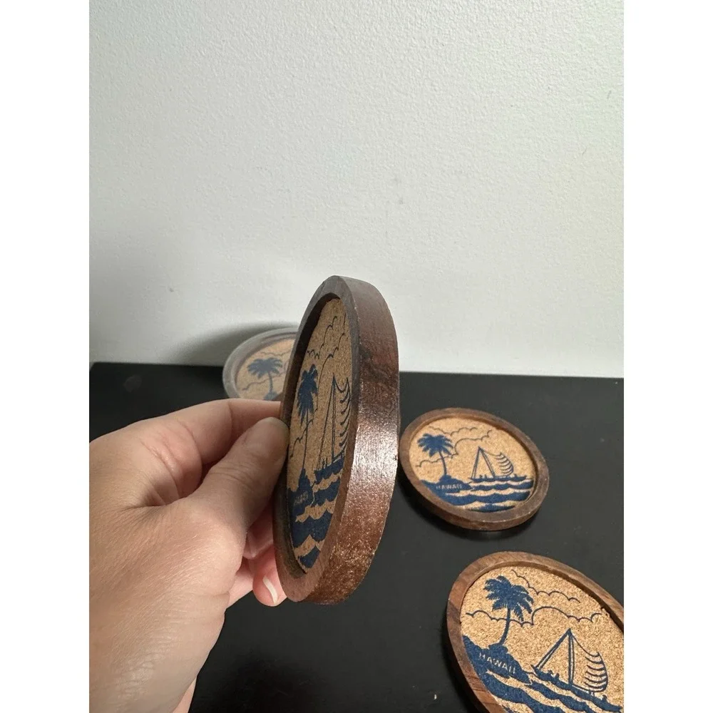 Vintage Souvenir Cork & Wood Coasters Hawaii Lot of 10 Round Beach Sailboat